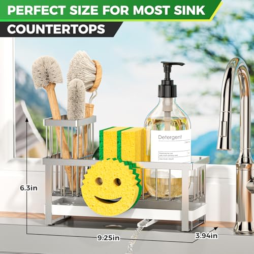 Sponge Holder for Kitchen Sink,Sink Caddy with Removable Dish Brush Holder,Self-Draining Kitchen Countertop Organizers and Storage Essentials,Soap Dispenser Organize and Home Decor-Silver - color: 1 Tier Silver-Tray