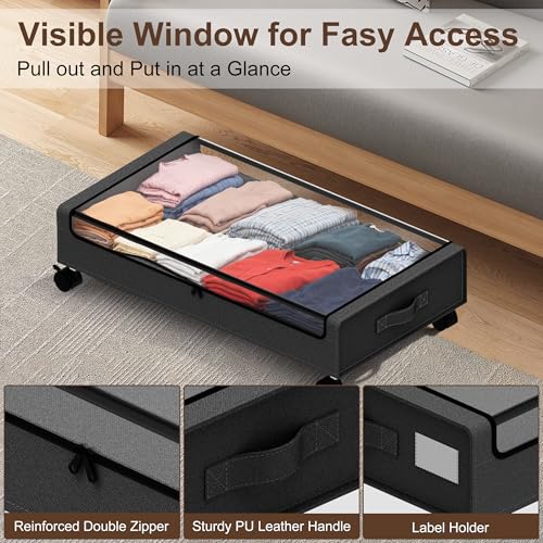 Under Bed Storage with Wheels - 2Pack 60L Underbed Storage Containers with Clear Lid & Label, Rolling Under Bed Storage Bins for Clothes, Shoes, Blankets (XL,Black) - color: Black, size: Large
