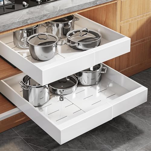 Seinloes 2Pack Expandable Pull Out Cabinet Organizer 21"Deep With Raising Pad for Framed Cabinets, Upgrade 3 Slide Rails Slide Out Drawers, Roll Out Shelves Adhesive,Adjustable Width 12.05"-20.4"White - color: White, size: 21"D x 12.05"-20.4"W(2Pack)