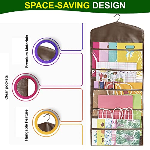 ProPik Hanging Double Sided Gift Bag Storage Organizer with Multiple Front and Back Pockets - Organize Your Gift Wrap, Tissue Paper, and Paper Bags 38 x 16 Inch PVC (Brown) - color: Brown