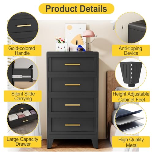 4 Drawers Dresser for Bedroom, 44.45" H Metal Dressers & Chests of Drawers Curved Corner Design, Storage Organizer Drawer Chest with Large Capacity for Living Room, Entryway, Hallway, Black - color: Black, style: Narrow Style/4 Drawers