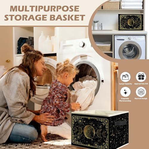 Mystical Witchy Moon Phase Storage Bin Box with Handles, Black and Gold Celestial Astrology Foldable Linen Fabric Laundry Basket for Home Bedroom Bathroom Clothes Toys Books