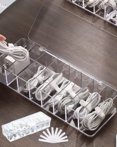 Cable Organizer Kit with 8-Compartment Cord Storage Box (with Lid) and 10 Wire Ties, Clear Plastic Desk Organizer for Cables, Chargers, Accessories for Home Office - size: With Lid