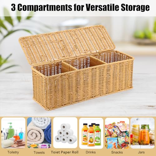 Sumnacon Wicker Storage Basket with Lid, Rectangular Narrow Baskets for Bathroom, Farmhouse Imitation Rattan Bin with Dividers, Decorative Handwoven Tray Organizer for Countertop Shelves Toilet Tank - color: Yellow