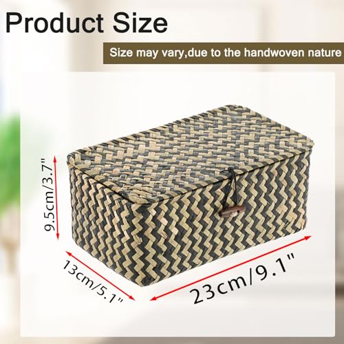 Hipiwe X-small Wicker Basket with Lid Natural Seagrass Storage Baskets Box Handwoven Household Organizer Box Multipurpose Woven Storage Basket for Shelf Closet,Black - color: Black, size: X-Small