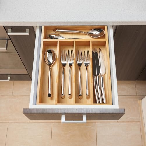 Umilife Bamboo Kitchen Drawer Organizer, 11 Inch Silverware Utensils Tray Holder with Grooved Dividers, 2.4" High Wood Caddy for Flatware Cutlery Knives - size: 11 x 14 inch (5 Slots)