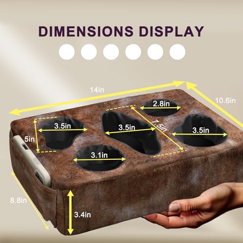 Couch Cup Holder Pillow, 5 Hole Couch Drink Holder! Keep Drinks Hand Side and Keep Temp, Prevent Spills and Use Anywhere. Cup Holder for Couch, Bed, Camping, RV, Car, Beach. Brown - color: Brown