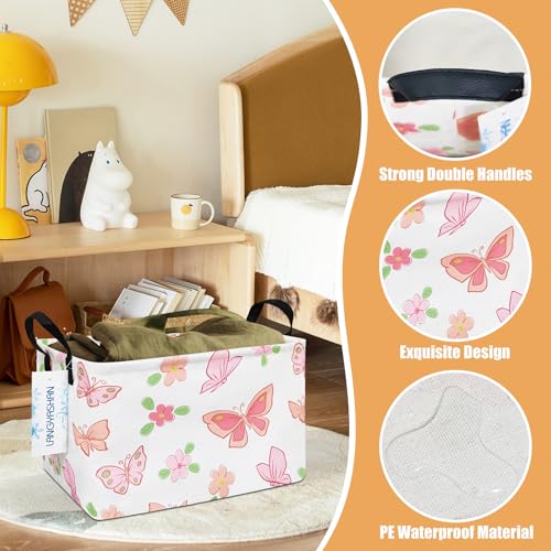 LANGYASHAN Rectangular Storage Bin Collapse Canvas Fabric Cartoon Storage Basket with Handles for Organizing Home Kitchen Boys and Girls Toys Office Closet Shelf Baskets (Rec Pink Butterfly) - color: Rec Pink Butterfly