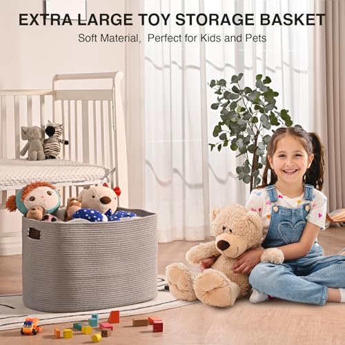ICERZCZ Large Grey Storage Basket, Blanket Baskets for Living Room, Large Toy Basket for Storage, Woven Cotton Rope Baskets for Blankets, Clothes, Shoes, Books, Grey, 25”x16”x16” (105L) - color: Grey, size: 25”x16”x16”