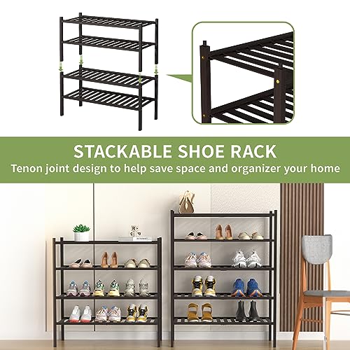 ROMGUAR CRAFT 5 Tier Bamboo Shoe Rack for Closet Free Standing Wood Shoe Shelf for Entryway Small Space Stackable 27"x11"x33" (Brown) - color: Brown, size: 5 tier