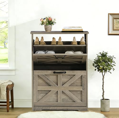 Shoe Storage Cabinet with 2 Flip Drawers, Farmhouse Shoe Organizer with Barn Door Design, Space-Saving Hidden Narrow Shoe Rack Cabinet for Entryway, Hallway & Foyer，Grey - color: Grey, size: 1 pcs-2 Flip Drawers