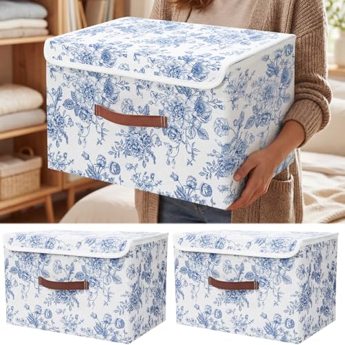2 Pack Blue Floral Storage Bin with Lids Handles Large Blue and White Porcelain Storage Boxes 15x10x10 Inch Foldable Fabric Basket Decorative Cube Organizer for Clothes Nursery Home Dorm - size: 15 x 10 x 8 inches