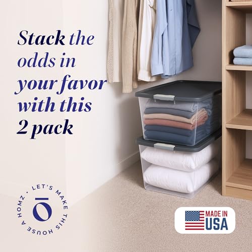 HOMZ 2-Pack Secure Latch, Clear Plastic Storage Organizer Bins, 64 Quart, Gray Lid - Heavy-Duty Container Boxes with Lids for Home, Office, and Garage - color: Gray Lid, size: 64 QT