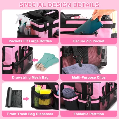 14 inch Large Cleaning Supplies Organizer, Pink Tool Bag with Handle & Adjustable Shoulder Straps, Cleaning Bags for Housekeepers, Cleaners, Cleaning Supply Caddy - color: Pink
