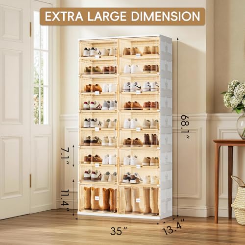 JEKO&JEKO 9 Tiers Foldable Boot and Shoe Storage Rack Cabinet for Closet Entryway, Large Collapsible Shoe Organizer with Magnetic Doors (White) - color: Double-row, size: 9 Tiers (8+1 Boots)