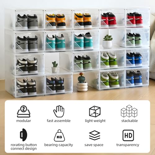 Large Shoe Boxes Clear Plastic Stackable，Drop Front Shoe Box with Clear Door, Shoe Containers For Sneaker Display,Fit up to US Size12 (white clear-Conjoined structure, 6 pack) - color: white clear-Conjoined structure, size: 6 pack