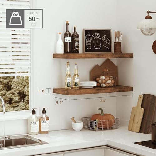 Vivelove Floating Shelves for Wall, 24 inch Wall Shelves for Bathroom Bedroom, Living Room, Kitchen, Office, Rustic Farmhouse Shelf Decor with Invisible Bracket, 24x9x1.6, Set of 2, Rustic Brown - color: Rustic Brown, size: 24”Wx9.1”Dx1.6”H