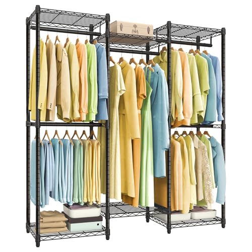 SONGMICS Heavy-Duty Clothes Rack, Garment Rack, Portable Closet, 56.9-Inch Wide Clothing Rack, with Adjustable Mesh Shelves and Hanging Rails, Ink Black ULGR432B01 - color: Ink Black, size: 56.9"L x 76"H, style: Without Fabric Cover