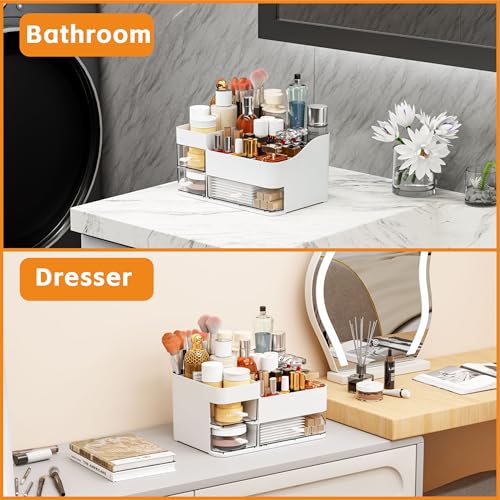 White Makeup Organizer With Drawers,Large Skincare Organizers for Countertop,Desk,Dresser,Plastic Bathroom Counter Organizer for Brush,Palettes,Perfume,Beauty Products Organization,Skin Care Storage - color: White, size: Large-3 Drawers