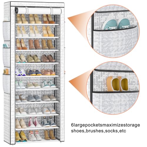 OYREL Shoes Rack 10 Tier Tall Shoe Rack with Storage Pockets, Fabric Covered Shoe Racks,Metal Shoes Rack Organizer for Closets,Bedroom, Garage - color: Multi Color