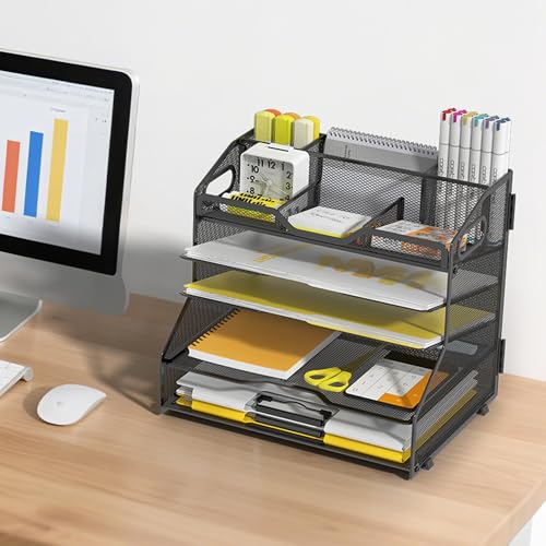 YINGHUA 5 Tier Paper Tray Letter Organizer with Top 6 Adjustable Compartments - Paper Sorter Office Desktop Accessories with Handles for Document,Mail,School Supplies Storage,Black - color: 5 Tier-black