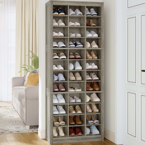 Hzuaneri Shoe Storage Cabinet, 36 Pairs Free Standing Closet Organizer, 8.8 inch Widened Cell Wood Shoe Organizer, 12 Tiers Vertical Space Saving Shoe Rack for Entryway, Cloakroom, Greige SR20705B - color: Greige, size: 36 Pairs