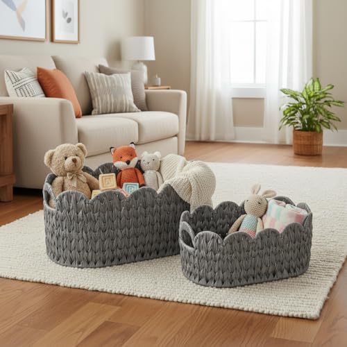 Coeusy Wicker Scalloped Basket Set of 2,Woven Storage Baskets for Shelves,Closet,Laundry,Gift,Towels,Books,Toys,Waterproof Cute Decor Basket for Organizing,Grey - color: Grey