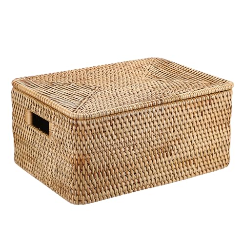 Hipiwe Rattan Basket With Lid Rectangular Lidded Basket Natural Hand-Woven Wicker Storage Basket Bin for Shelf Organizing Picnic Food Bread Table Storage Basket, 15.1 x 11.2 x 7.3 inch - size: 15.1"L x 11.2"W x 7.3"H