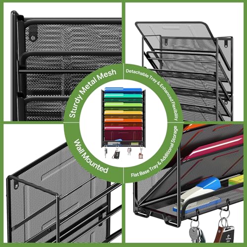 Ekisemio 7-Tier Wall File Organizer, Hanging Mesh File Holder with 4 Hooks, Sturdy Metal File Rack for Desk or Wall, Home Office Storage, Black
