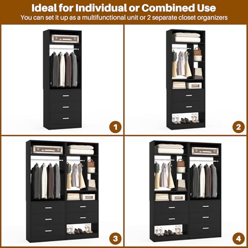 Besiost 4FT Closet Systems with 5 Wood Drawers, 48 Inch Closet Organizer System with 2 Hanging Rods & 7 Shelves, Heavy Duty 48" Walk-in Closet, Black (48"L x 15" W x 80" H) - color: Black