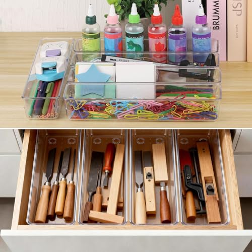 Ohlove 6 Pcs Large Clear Plastic Drawer Organizers Tray 12"x3" Storage Bins with 25 Pcs Non-Slip Pads for Makeup, Jewelries, Kitchen Utensils, Bathroom and Office - size: 12"x3"