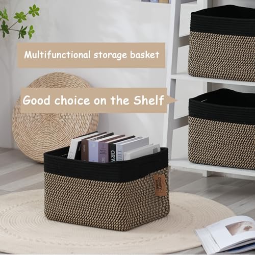 COMFY-HOMI Cotton Rope Woven Basket with Handles for Shelves,Toys,Book, Cloth Storage Baskets Bin for Organizing-13.5"x11"x9.5" Toy Decorative Organizer for Living Room, Bathroom-Black/Jute - color: squ-black/camel, size: 13.5"X11"X9.5"