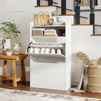 GOFLAME Shoe Storage Cabinet with 2 Flip Drawers, Hidden Shoe Storage Organizer with Adjustable & Removable Shelves, Freestanding Narrow Shoe Rack for Entryway, Hallway, Living Room, White