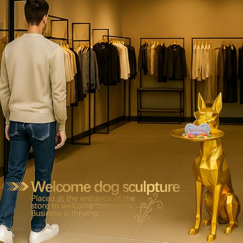 3D Large Dog Sculpture Tissue Box Cover & Key Holder Stand – Golden Resin Side Table, Multipurpose Entryway Organizer with 11.8" Detachable Tray, Cute Door Side Art Ornaments Living Room Figurine
