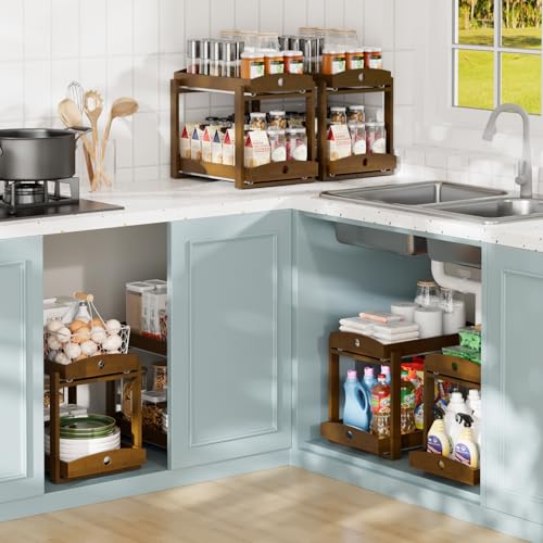 Bamboo Wood Under Sink Organizer 1 Pack, Pull Out Cabinet Organizer 2 Tier Under Sink Organizers and Storage w/Sliding Drawer Sturdy Easy Assembly for Kitchen Bathroom Undersink (Walnut, 2 Packs) - color: Walnut