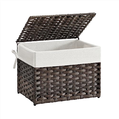 SONGMICS Storage Basket with Lid, Woven Blanket Storage Bin with Handles, Foldable, Removable Liner, Metal Frame, for Bedroom, Laundry Room, 9.2 Gallons (35 L), Brown URST040K01 - color: Brown, size: 35 L