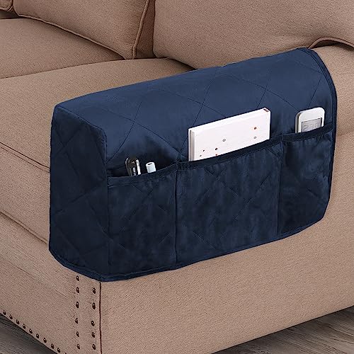 Non-Slip Sofa Armrest Protector,Thick Velvet Armrest Covers for Chairs and Sofas Couch with Side Pocket,Armrest Storage Organizer,Washable Arm Covers for Dogs，Set of 2 (Navy) - color: Navy