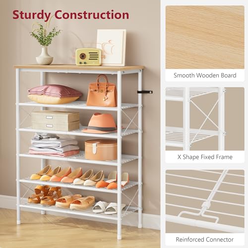 Tajsoon 6 Tier Shoe Rack Organizer for 20-24 Pairs of Shoes, Metal Mesh Shoe Shelf for Closet, Industrial Shoe Rack for Entryway Shoe Storage with X Shape Fixed Frame, White & Log - color: White & Log, size: 6-Tier