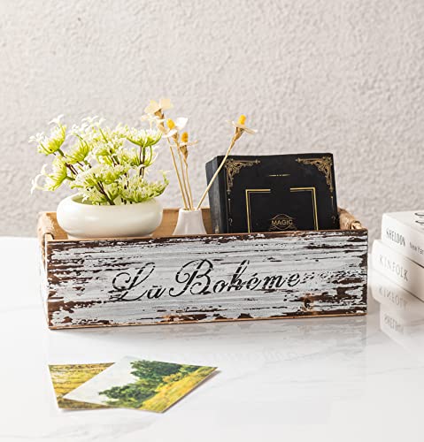TIMRIS Farmhouse Distressed Wooden Storage Box, Rustic Bathroom Decor Box, Decorative Toilet Tank Basket, Vintage Countertop Organizer Box with Handles (Distressed White) - color: Distressed White
