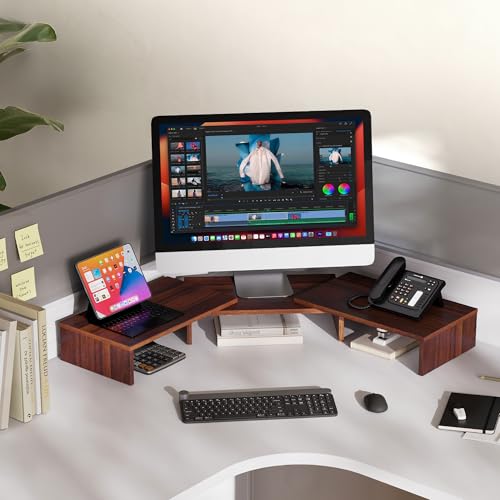FITUEYES Dual Monitor Stand – 3 Shelf Computer Monitor Riser, Wood Desktop Stand with Adjustable Length and Angle, Desk Accessories, Office Supplies Medium Brown, DT108002WB - color: Brown