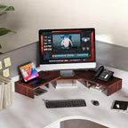 FITUEYES Dual Monitor Stand – 3 Shelf Computer Monitor Riser, Wood Desktop Stand with Adjustable Length and Angle, Desk Accessories, Office Supplies Medium Brown, DT108002WB - color: Brown