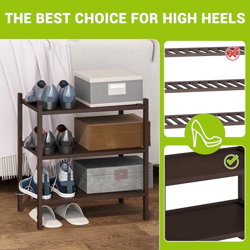 BMOSU 3-Tier Bamboo Small Shoe Rack Premium Stackable Shoe Shelf Storage Organizer for Hallway Closet Living Room Entryway Organizer(Brown) - color: Brown, size: Small-3-Tier（17*11*18.3inches）