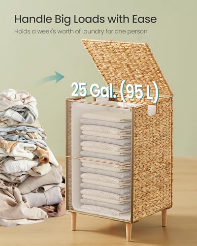 SONGMICS Laundry Hamper, 25 Gal. (95 L) Handwoven Water Hyacinth Wicker Laundry Basket with Lid, Natural Material, Removable Machine Washable Liner, Handles, Natural ULCB201Y01 - color: Natural, size: 95 L (Handwoven )