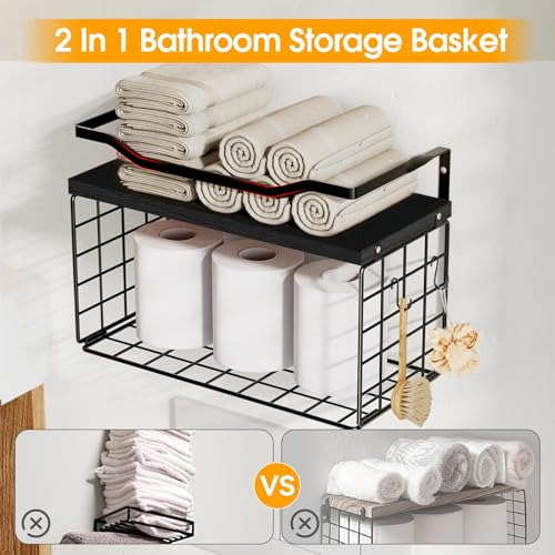 Towel Racks for Bathroom,Towel Rack Wall Mounted, 6 Tier Rolled Or Folded Towel Holder with Floating Shelves, Bathroom Towel Holder for Bath, Hand Towels,Metal and Wood,Full Black - color: Black Plank, size: J-type Black Rack