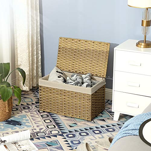 SONGMICS Storage Basket with Lid, Woven Blanket Storage Bin with Handles, Foldable, Removable Liner, Metal Frame, for Bedroom, Laundry Room, 17.2 Gallons (65 L), Natural URST56NL - color: Natural, size: 65 L