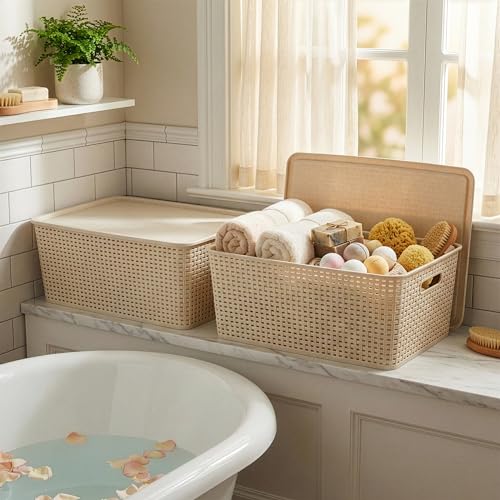 BINO | Plastic Storage Baskets with Lids, 33 Liter - 3 Pack, Natural | THE WOVEN COLLECTION | Storage Basket for Shelves | Woven Storage Baskets for Organizing Bins | Pantry Shelf Organizer Bin - color: Natural, size: 33L | 3-Pack