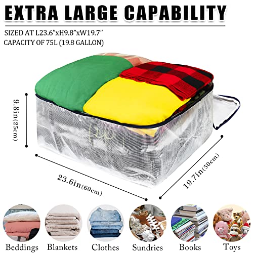 Ineetatu Clear Storage Bags with Zipper, 75L Extra Large Capacity - Closet, Underbed Storage Organizer for Clothes, Bedding, Comforter, Toys, Pillow & Blanket, 3 Pack