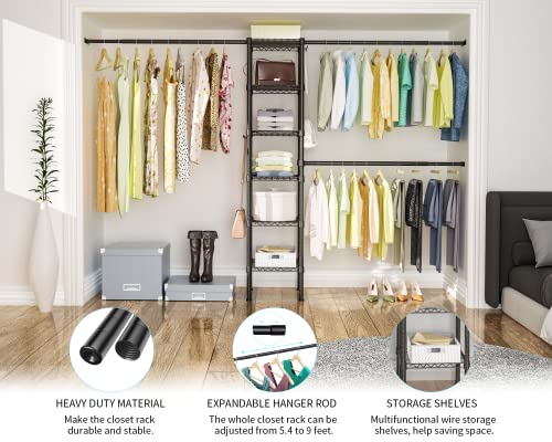 Ulif M1 Closet Storage Organizer System, 6 Tiers Heavy Duty Metal Garment Rack with 3 Expandable Hanger Rods, Wall Mounted Space Saver Suits from 5.4-8.7 ft. Width, 71.2”H x 14”D, 700LBS, Black - color: Black