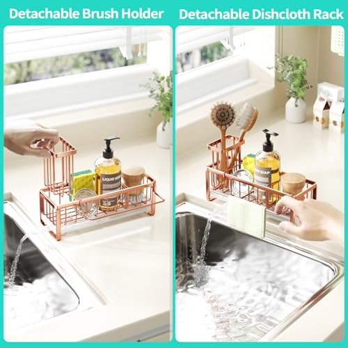 HapiRm Sponge Holder for Kitchen Sink - Self-draining Sink Caddy with Brush and Dishcloth Holders, Stainless Steel Kitchen Organizer for Countertop - Rose Gold - color: Rose Gold, size: with Dishcloth Holder