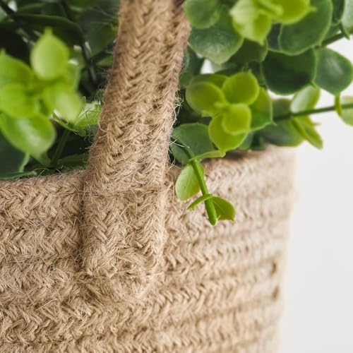 Dahey 2 Pack Wall Hanging Rope Basket (6.5"W×7"H) with Artificial Eucalyptus, Jute Woven Storage Organizer Flower Plants Basket Farmhouse Rustic Wall Decor for Porch Living Room Bedroom Entryway,Brown - size: 6.5"W×7"H